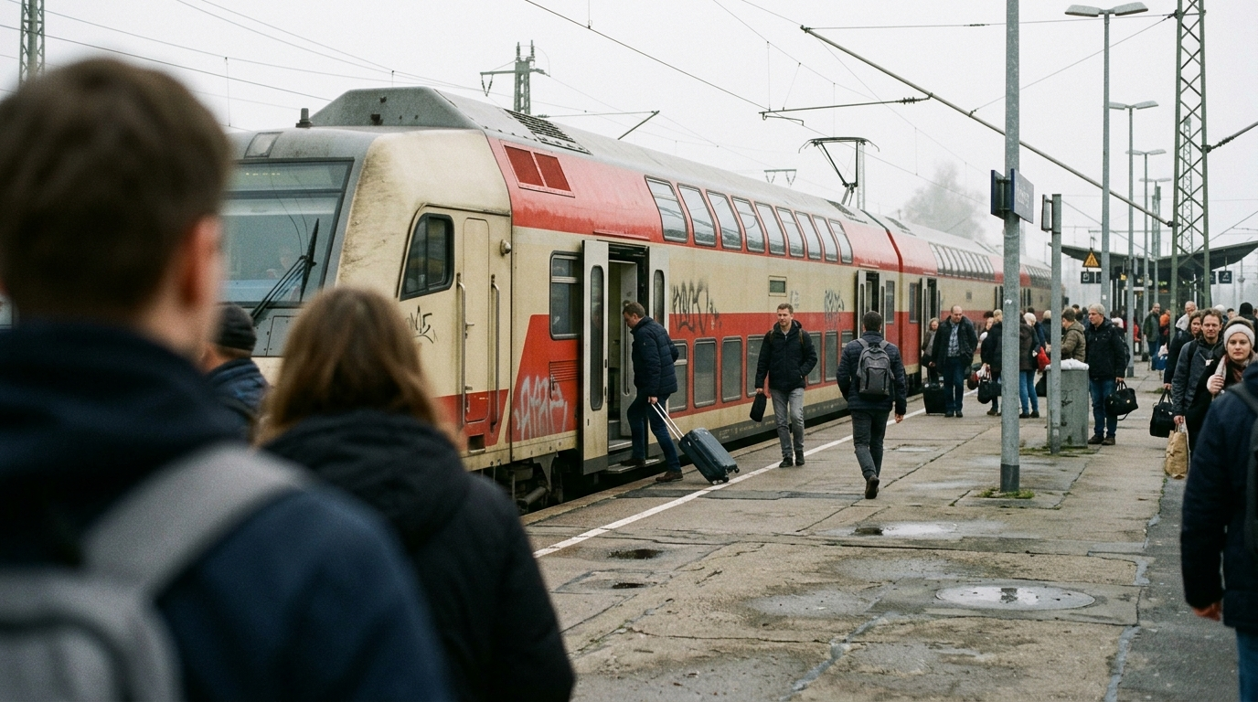 Symbolbild: Ein Doppelstock-Regionalzug hält am Bahnsteig, Fahrgäste steigen ein und aus, im Vordergrund warten weitere Reisende.