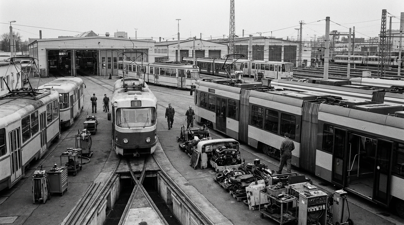 Mehrere ältere Straßenbahnen werden in einem Dresdner Betriebshof gewartet und technisch modernisiert.