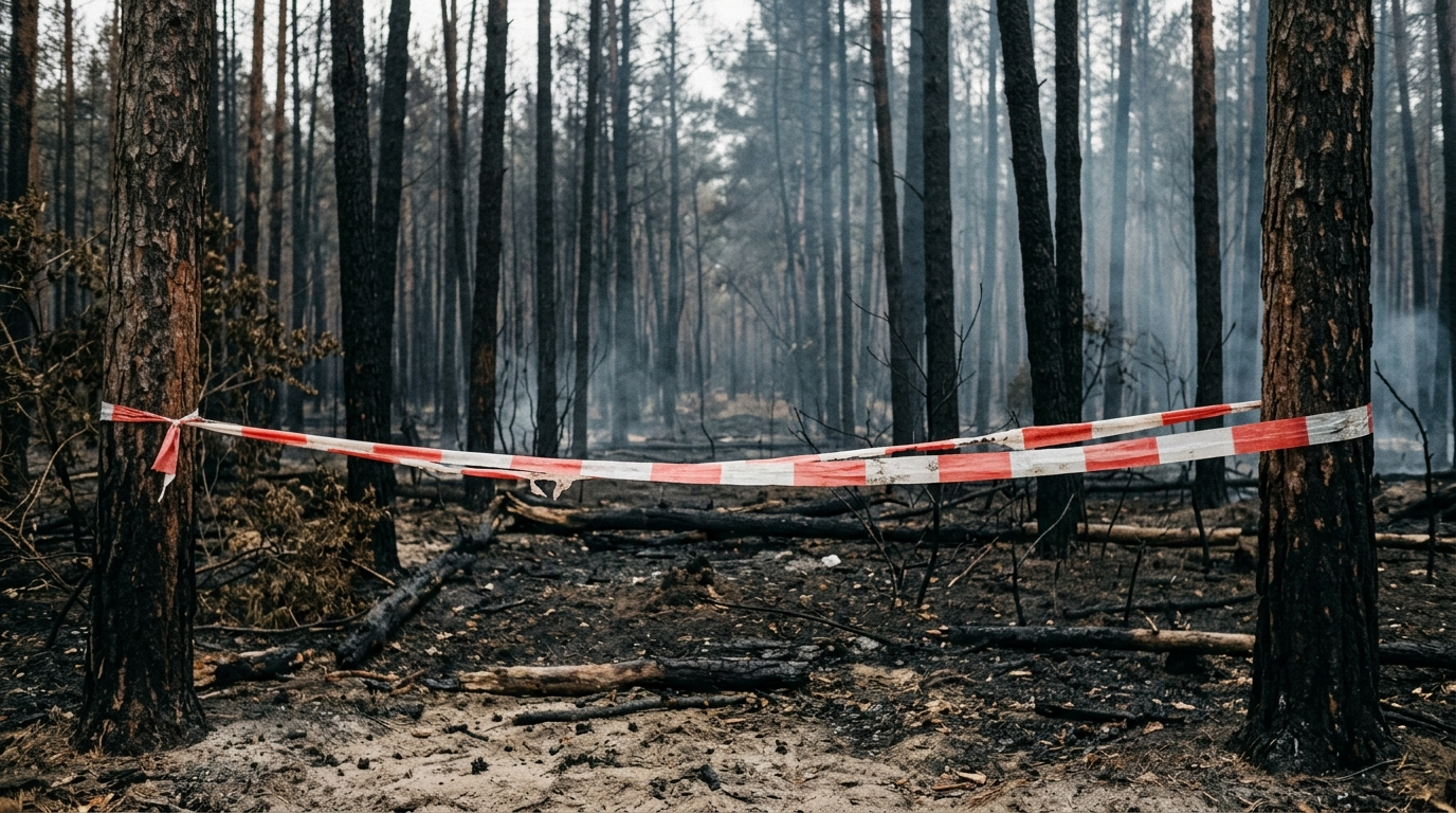 Symbolbild: Ein rot-weißes Absperrband spannt sich vor einem verbrannten Kiefernwald, in dem noch Rauch hängt.