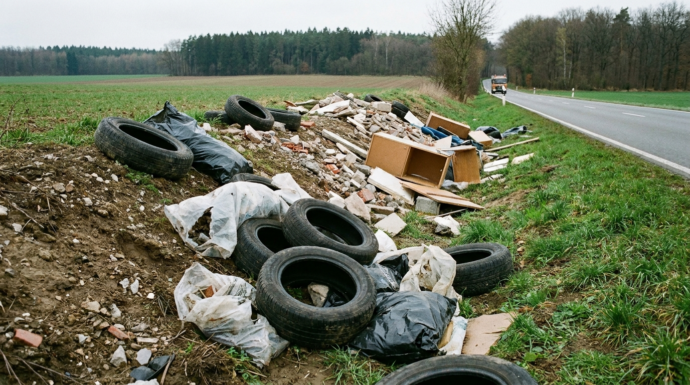 Illegal entsorgter Sperrmüll und Abfall am Rand einer Landstraße in Thüringen.