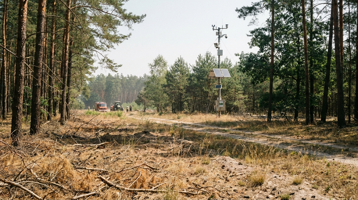 Trockener Kiefernwald mit Überwachungstechnik bei Annaburg
