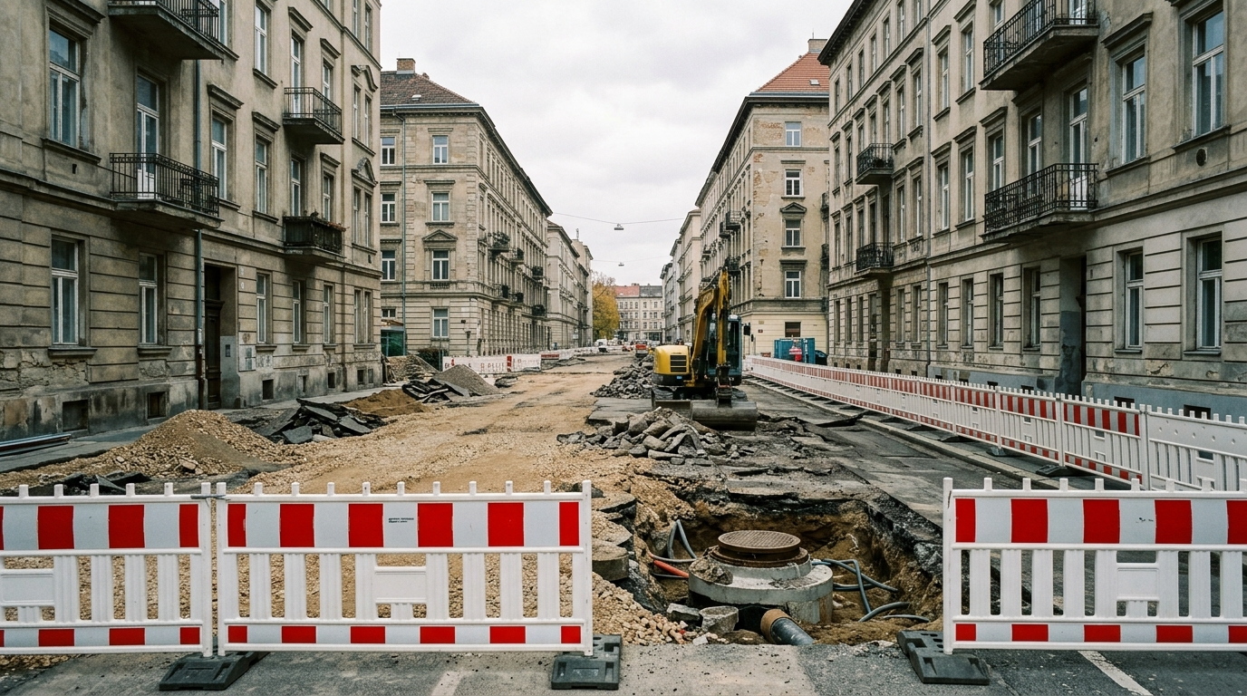 Symbolbild: Eine voll gesperrte, aufgerissene Altbaustraße mit Absperrbaken, Bagger und freigelegtem Kanal.