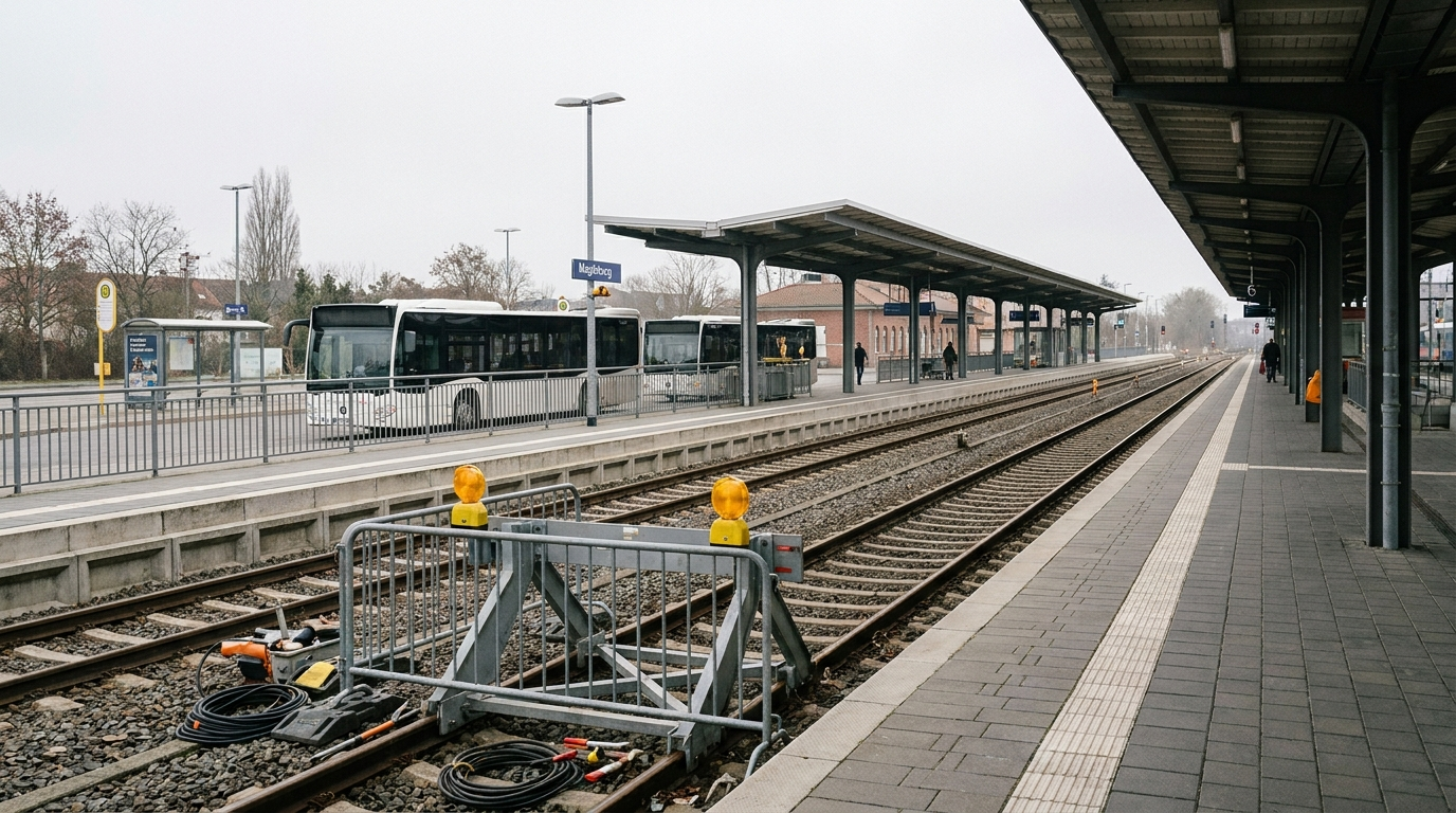 Leerer Bahnsteig mit Hinweistafel zum Schienenersatzverkehr zwischen Magdeburg und Stendal