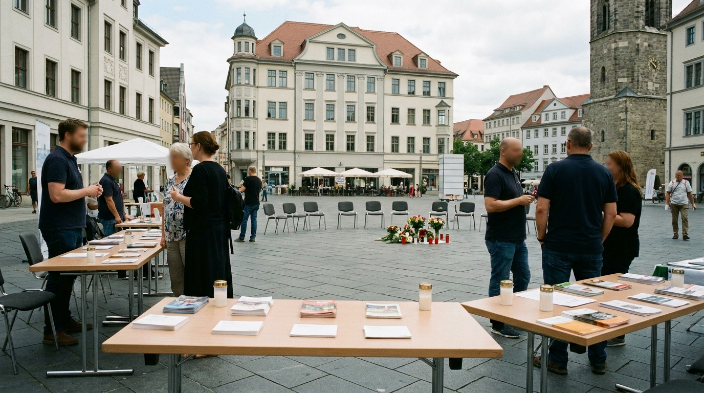 Informations- und Gedenkstände von Suchthilfe und Gesundheitsberatung auf dem Marktplatz in Halle.