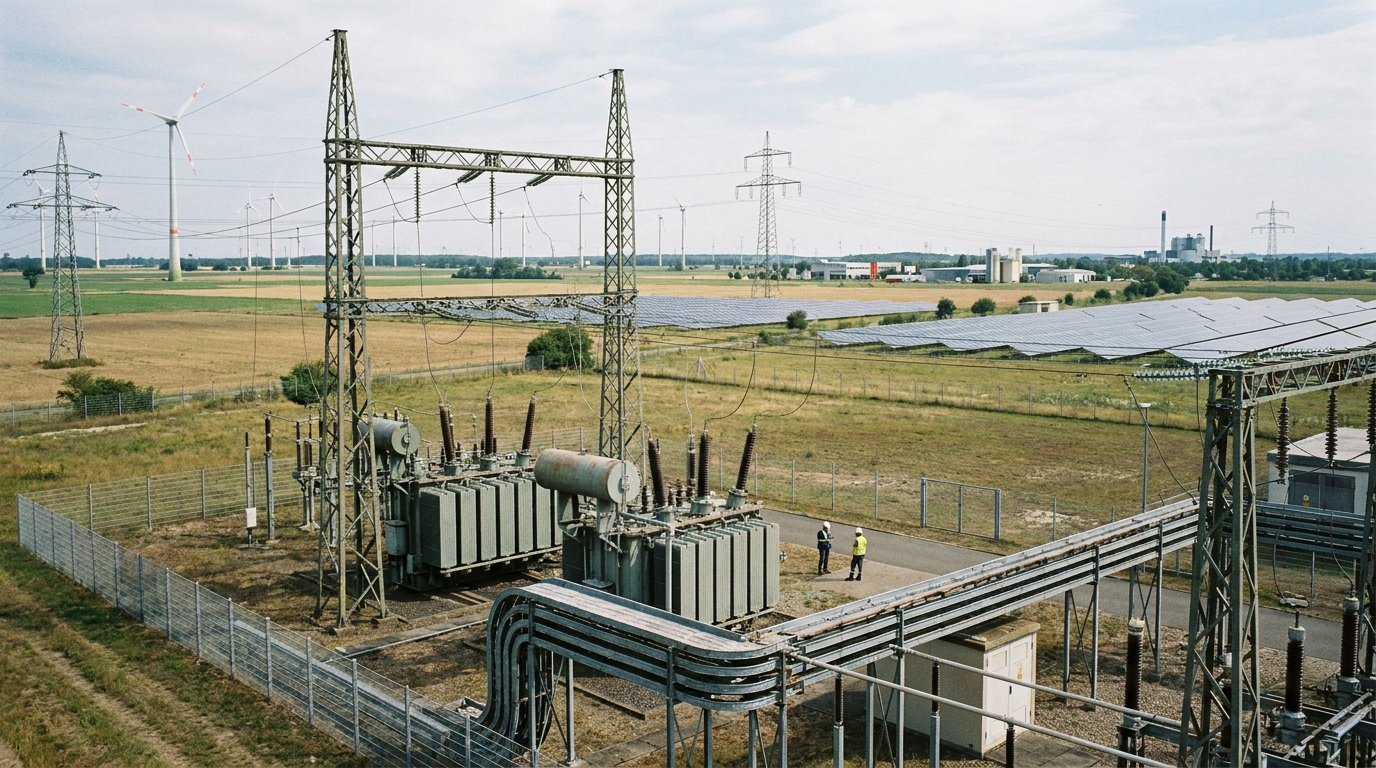 Windkraftanlagen, Umspannwerk und Hochspannungsleitungen in Brandenburg als Symbol für die Forderung nach niedrigeren Strompreisen.