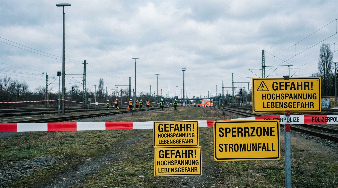 Abgesperrtes Bahngelände in Cottbus mit Gleisen, Absperrgittern und technischer Einsatzausrüstung nach der erfolgreichen Entschärfung einer Fliegerbombe.