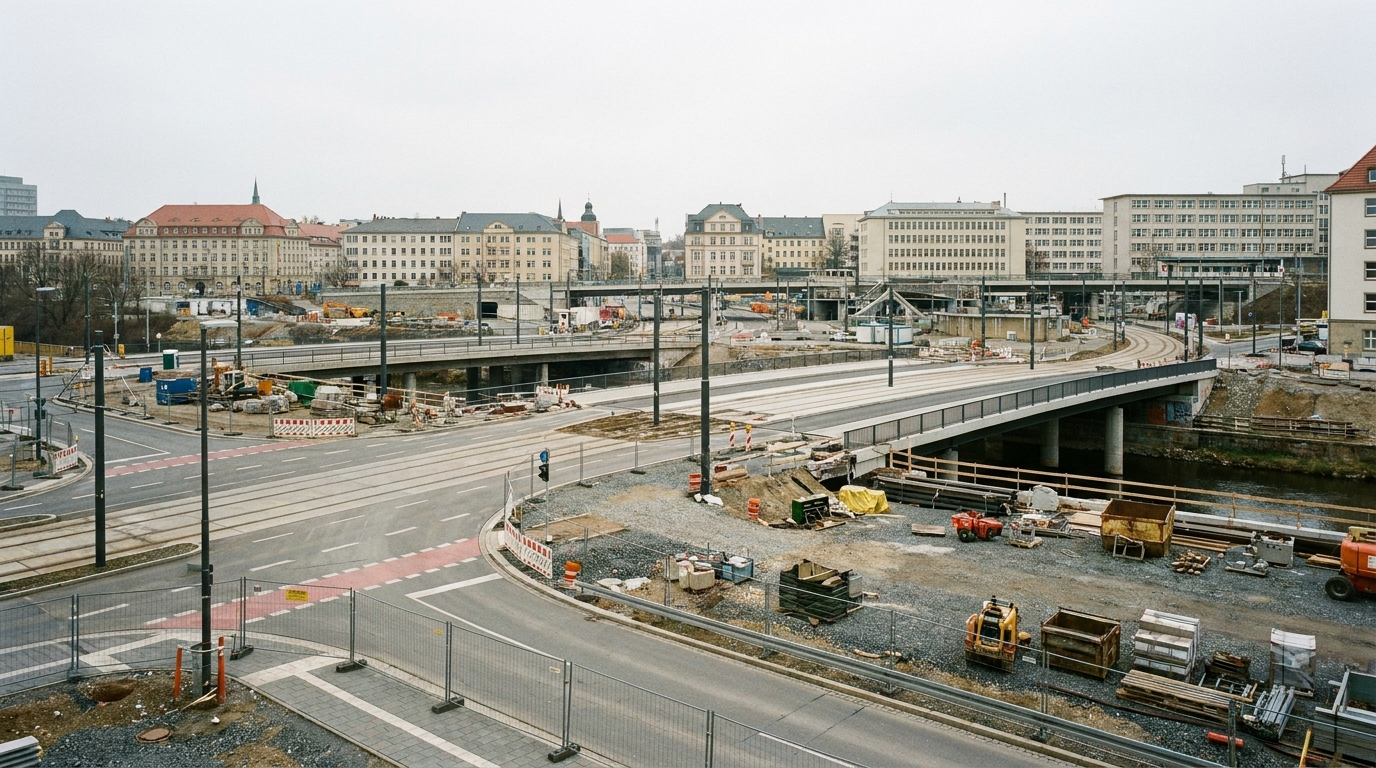 Am Falkeplatz beginnt am 17. Juli 2026 die nächste Bauphase des Chemnitzer Modells. Der nördliche Brückenteil über die Chemnitz wird neu gebaut, während Straßenbahn und Straßenverkehr über provisorische Verkehrswege weitergeführt werden.