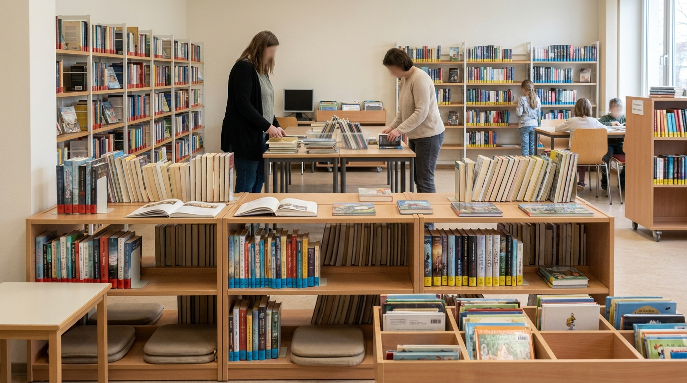 Kinderbereich der Stadtbibliothek Erkner mit neu sortierten Bücherregalen und farbigen Kennzeichnungen für verschiedene Altersgruppen.